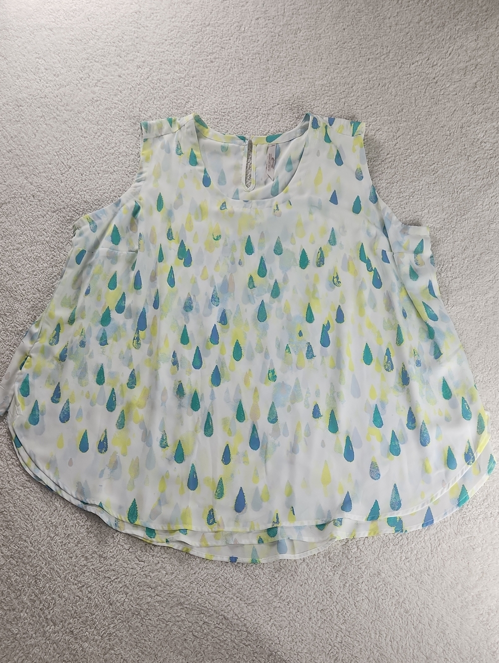 Melissa McCarthy White Chiffon Tank: Blue, Green & Yellow Teardrop Print 3x